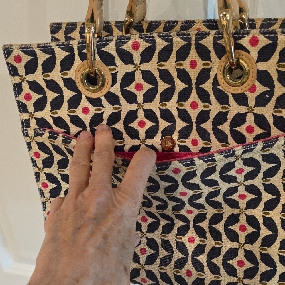 Spartina 449 Tote Bag Navy Pink Geometric Floral Canvas Leather Shoulder Bag - Picture 5 of 13